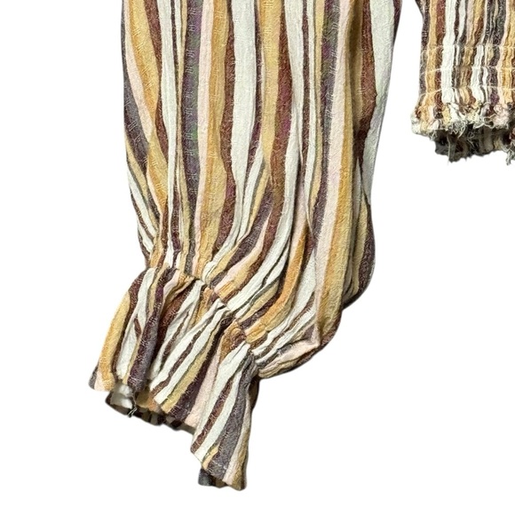 Angie Striped Smocked Peasant Style Cropped Off Shoulder Boho Festival Blouse - Picture 4 of 8